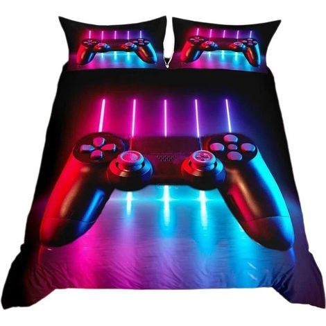 Parure de lit Gamer Neon Gradient 140x200cm, motif console de jeux vidéo, 2 taies d'oreiller (1/4)