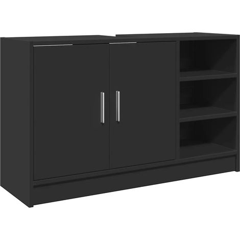 Armoire d'évier élégante noire avec rangement ouvert et 2 portes 90 x 29 x 55 cm en bois d'ingénierie noir (1/5)