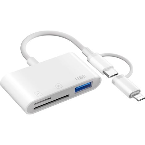 Lecteur Cartes SD pour Lightning USB-C vers Lecteur de Carte mémoire SD/Micro SD/USB Adaptateur Cartes SD USB C Lecteur de Cartes pour 16/15/iPad/Caméra (1/5)