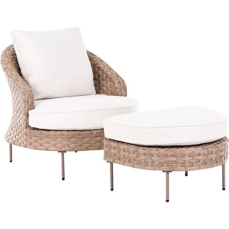 Garden Armchair with Footstool Brown White Cushions PE Rattan Boho Design Outdoor Sitting ARCILLE (1/5)