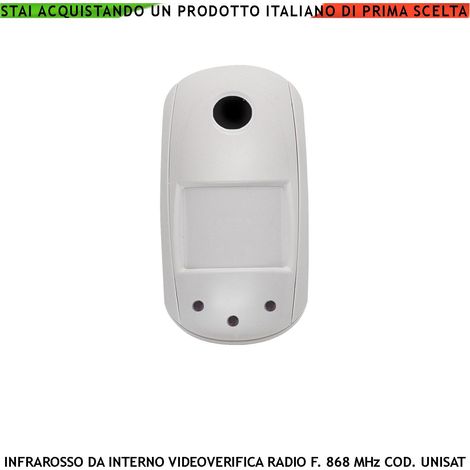 Rilevatore Movimento Infrarosso da Interno 12 Metri Grandangolo Fotocamera a Colori VGA 640X480 Pixel Videoverifica GPRS Visione Notturna Radio Frequenza 868 MHz Bidirezionale UNISAT Anti Jamming (1/5)