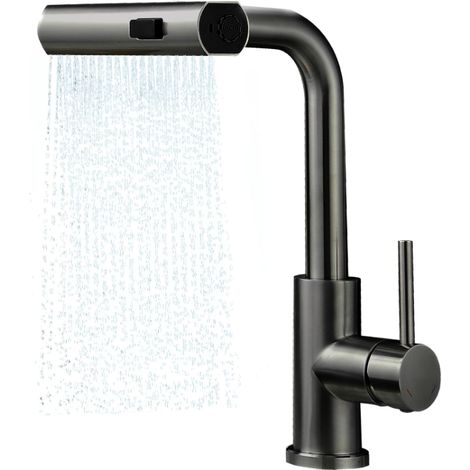 Robinet mitigeur de cuisine avec douchette extractible - Pivotant à 360° - Robinet mitigeur d'évier de cuisine extractible - 3 modes - Gris bronze (1/5)