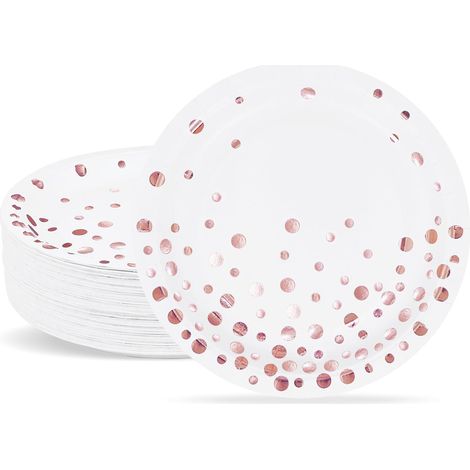 Lot de 50 Assiettes en papier 18cm Blanc Feuille d'or rose Vaisselle jetable Fête