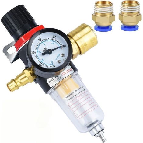Détendeur d'air comprimé, filtre à air, régulateur de pression 1/4 BPS avec séparateur d'eau, raccords rapides allemands et manomètres (1/5)