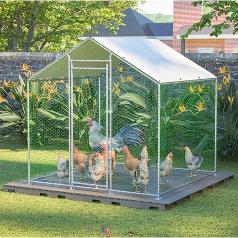 Recinto recintato per galline 2 x 2 x 2 m con tetto in PE impermeabile, acciaio zincato, argento (1/5)