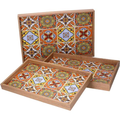 Set 3 Vassoi Rettangolari da Cucina in Legno Arancione Multicolor