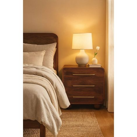 Mesita de noche estilo nórdico de madera maciza marrón, 3 cajones, acabado castaño (1/5)