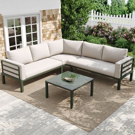 Gartenmöbel-Set 4–5 Sitzer, 1 Couchtisch aus gehärtetem Glas, grün verzinkter Eisenrahmen, verstellbare Beine, Beige
