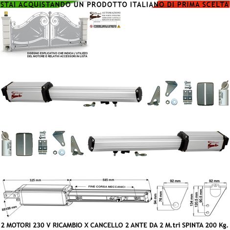 Motoriduttori Elettromeccanici 220 V Corsa 300 MM Spinta 2 Q.li Ricambio Cancello Automatico 4 MT 2 Ante da 2 Metri 2 Condensatori 16 µF Kit Staffe Chiave Sblocco sul Carrello Compatibili Elettronica (1/4)