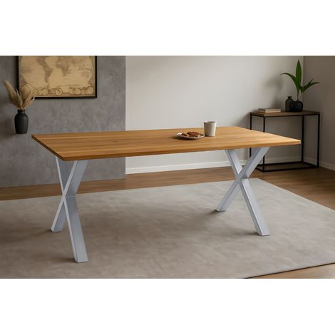 Esstisch Baumkante massiv Eiche geölt 200 x 100 cm X-Gestell silber SALVADOR (1/5)