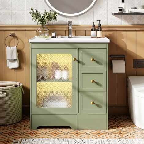 Mueble baño con lavabo cerámico y taburete verde LED OKMYHOME (1/5)