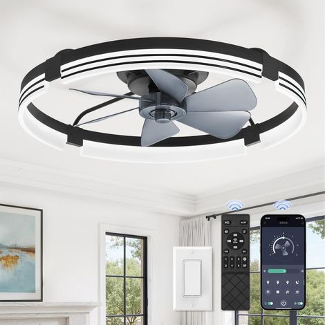 Ventilateur de plafond noir 50 cm avec éclairage LED, 3000K-6000K, 6 vitesses, télécommande, design moderne extra plat,Noir (1/5)