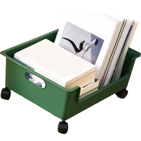 Boîte de rangement en plastique à roulettes, facile à déplacer, grande capacité, bacs de classement pour livres et sacs, vert foncé (1/5)