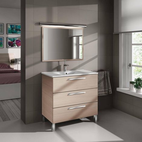Meuble sous-vasque, Meuble de salle de bain, Meuble avec 3 tiroirs et miroir, lavabo non inclus, 80x45h86 cm, Chêne (1/5)
