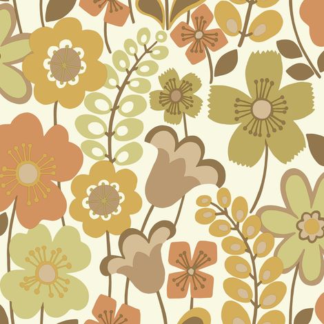 Retro Floral Wallpaper Brown Orange Green Cream Vintage Classic Feature Wall (1/4)