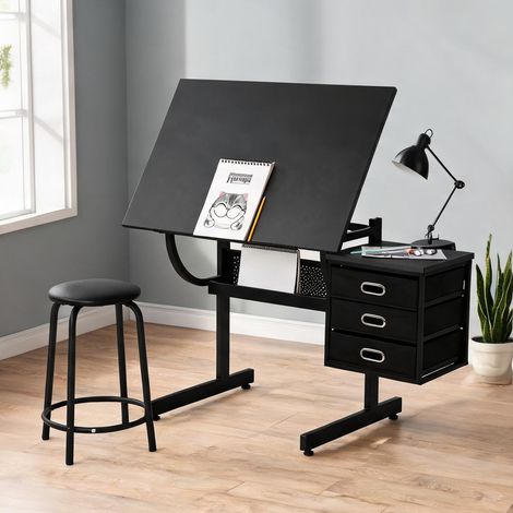 Bureau à dessin noir en MDF et métal avec tabouret en mDF métal (1/5)
