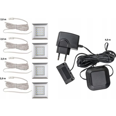 Éclairage LED carré, 4 points, blanc froid, avec alimentation pour niches et placards (1/5)