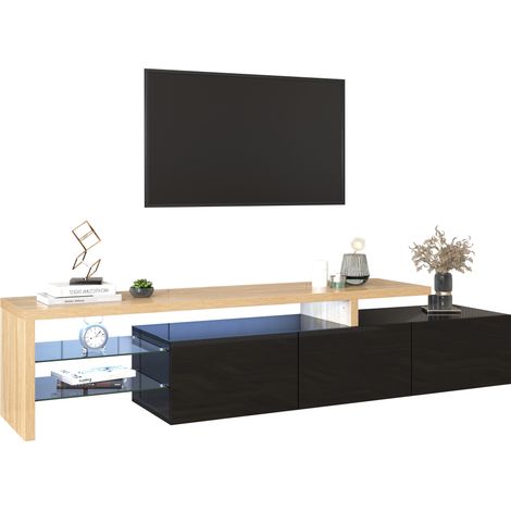 Mueble TV de 197,5 cm con 3 compartimentos, baldas de vidrio y LED de 7 colores, acabado negro brillante y tono madera, ideal para salón moderno CHICFURN (1/5)