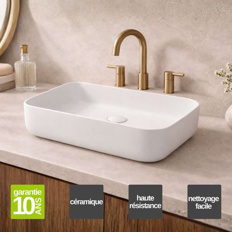 Vasque à poser rectangulaire en céramique blanc mat L50 x l39 x Profondeur 13 cm – SANIZEO Quimera - Idéale pour salle de bain moderne (1/5)