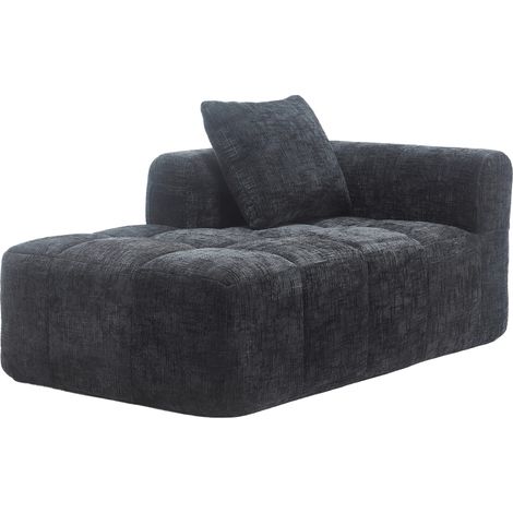 Canapé Chaise Longue en Chenille Noire avec Coussin et Poches Latérales (1/5)