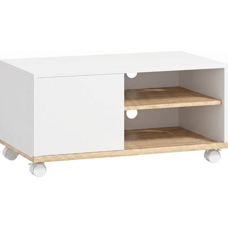 Meuble TV sur roulettes avec frein, rangement réglable blanc et chêne 80x45x41 cm (1/5)