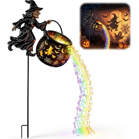 Bouilloire de sorcière lumineuse pour Halloween avec projection de sorcière et chapeau de sorcière, guirlande lumineuse en cascade, décoration d'Halloween magique pour jardin (1/5)