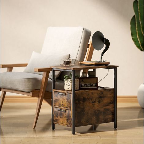 Mesita auxiliar 55x35x58.5 cm marrón en madera con 2 cajones y estación de carga (1/5)