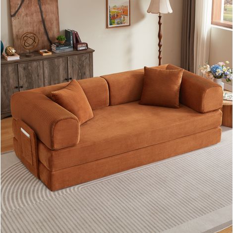 Canapé-lit droit convertible en mousse, 2 matelas 17 cm, assise 35 cm, structure acier chromé, velours côtelé terracotta (1/5)