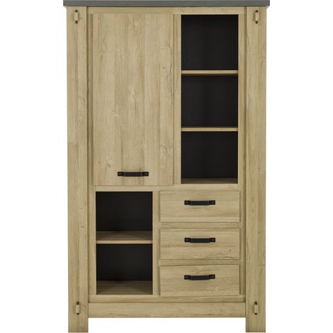 Buffet Haut BROCELIANDE Finition Chene Clair 1 Porte + 3 Tiroirs 124 × 50 × 202 cm GAMI (1/4)