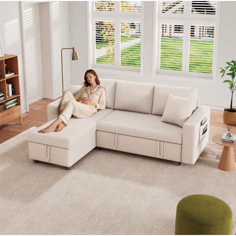 Divano letto angolare 219.5x142.5x83 cm beige in lino con contenitore, chaise longue reversibile e tasche laterali (1/5)
