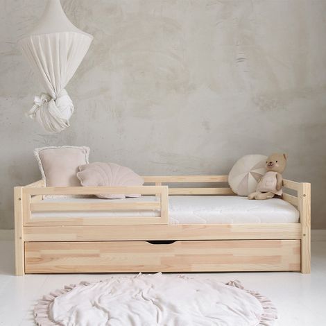 Cama 90x190 con barandilla somier y cajón Myléna Madera (1/4)