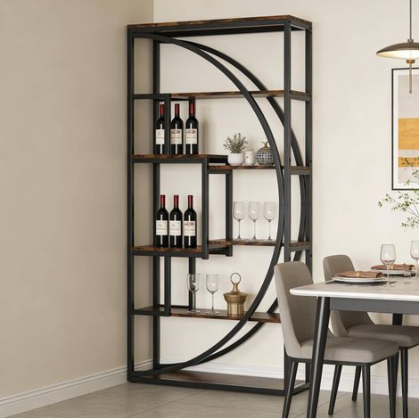 Bücherregal 80x30x179 cm schwarz/rustikalbraun aus Metall und Holz mit 6 Ebenen und offenem geometrischem Design (1/5)