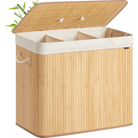 Panier à Linge avec Couvercle, 3 Compartiments, 170 Litres, en Bambou, Sac Amovible et Lavable en Machine, pour Buanderie, Naturel (1/5)