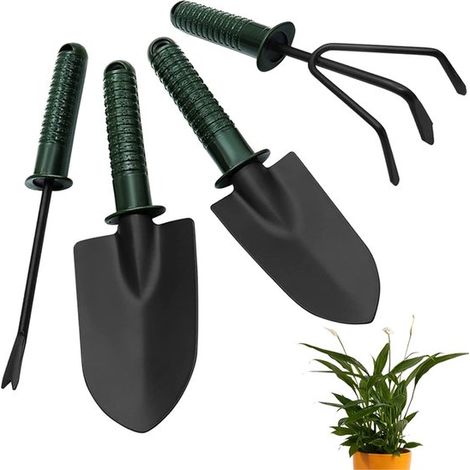 Juego de herramientas de jardinería de 4 piezas, un deshierbe y un rastrillo con mango antideslizante, céspedes y granjas, Negro (1/5)