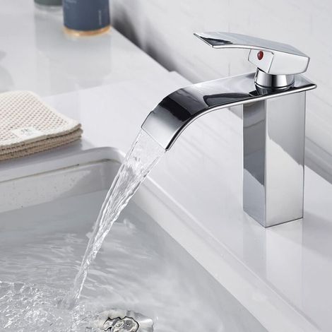 Moderne Robinet Salle de Bain, Design Elégant Robinet Lavabo Cascade, Mitigeur Salle de Bain en Laiton, Eau Chaude et Froide Disponible