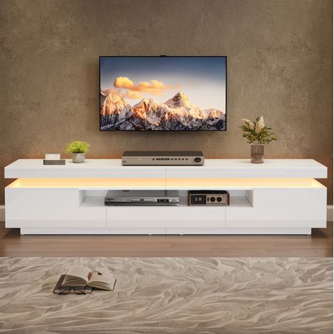 Meuble TV avec éclairage LED blanc brillant, 2 portes 1 tiroir, 175cm meuble bas pour salon chambre, Pour TV jusqu'à 65",175×38×45cm (1/5)