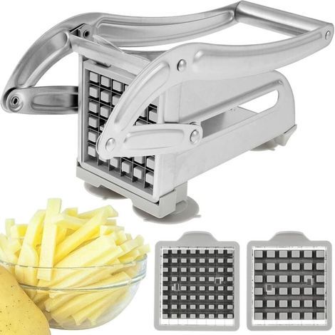 Coupe-Frites, Coupe Frites , Coupe Frite Professionnel avec 2 Lames de Rechange en Acier Inoxydable et Base D'aspiration Sécurisée pour Pommes de Terre Carottes Concombres Ananas (Argent A) (1/4)