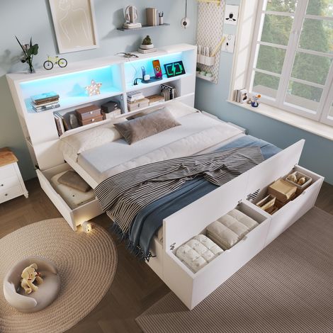 Lit double en bois blanc 140x200 cm avec rangements, éclairage LED, ports de chargement USB, tiroirs, banquette, étagères, sommier à lattes, idéal pour une chambre d'adolescent, matelas non inclus. (1/5)