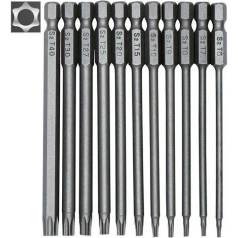 Set mit 11 langen Torx-Bits für Schraubendreher und Bohrmaschinen – Magnetische Bits – 1/4"-Sechskantschaft – Größen T6 bis T40 – Länge 100 mm