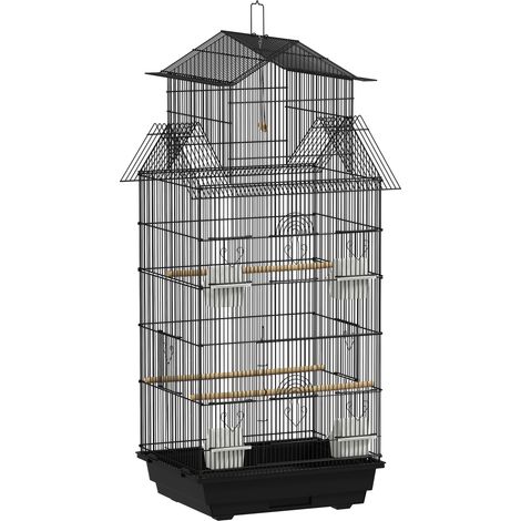 Cage volière oiseaux avec balançoire, poignée de transport, 4 distributeurs, 3 perchoirs, 50,5 x 41 x 104 cm, acier noir (1/5)