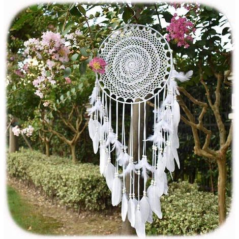 Grand attrape-rêves bohème blanc, plumes naturelles, macramé mural artisanal, décoration vintage mariage, maison, cercle 35cm, longueur 115cm. (1/5)