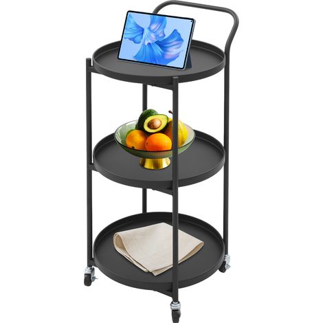 3 Tiers Metal Rolling Cart Serving Trolley Living Room Kitchen Bedroom Mobile Storage Cart Black (1/5)