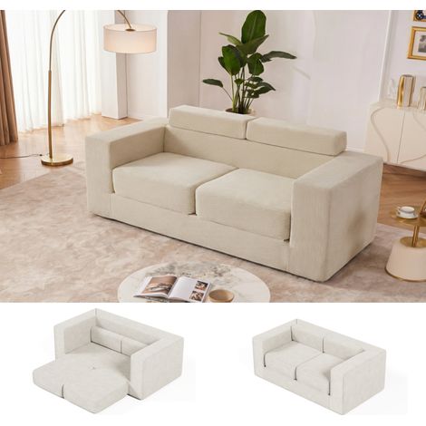 Canapé 2 places en mousse – Lit 3 en 1 convertible 2 place - Fauteuil canapé-lit pliant modulaire en velours côtelé avec accoudoirs et coussin - canapé compressé compact pour salon ou chambre