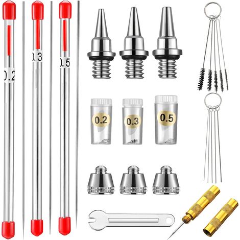 Kit di 21 tappi per ugelli aerografo, ricambi per aghi aerografo, con chiave e accessori per la pulizia dell'aerografo, misure: 0,2/0,3/0,5 mm (1/5)