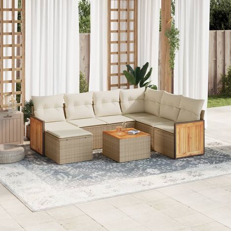 Ensemble Salon Jardin 8 Places Résine Tressée Beige avec Coussins - Canapé d'Angle, Central et Accoudoirs, Table et Repose-Pieds (1/5)