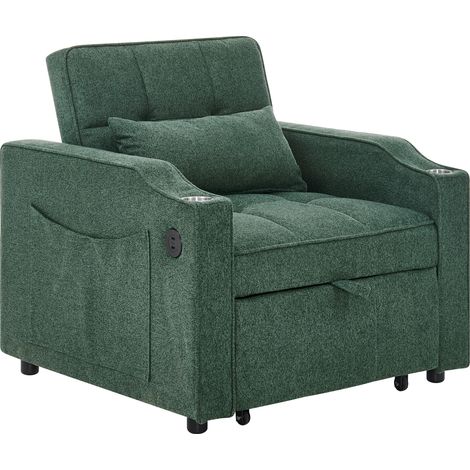Fauteuil-lit 3-en-1 avec port USB/Type-C, canapé convertible 190 cm avec porte-gobelet en acier inoxydable et dossier réglable en 3 positions, poches latérales, crème (1/5)