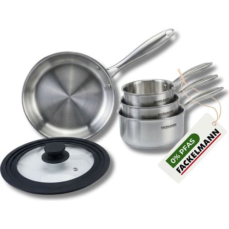 Set poêle à Frire 28 cm et Casseroles 14 16 et 18 cm en inox 18/10 Triply et couvercle Fackelmann Vita3 (1/5)