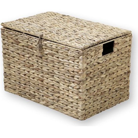 Calicosy – Coffre en jacinthe d'eau tressé avec couvercle – Dimensions L50 x P35 x H33 cm – Armature en métal pour résistance aux chocs