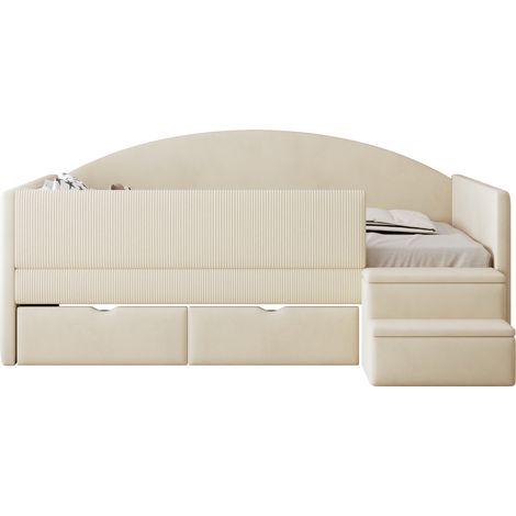 Lit capitonné banquette 90x190 multifonction, deux tiroirs et barrières, marches, velours doux, matelas non inclus, beige, pour chambre enfant (1/5)