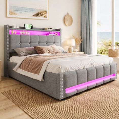 Polsterbett 160x200 cm Hellgrau aus Leinenstoff mit LED-Beleuchtung, USB-Anschluss und Stauraum (1/5)